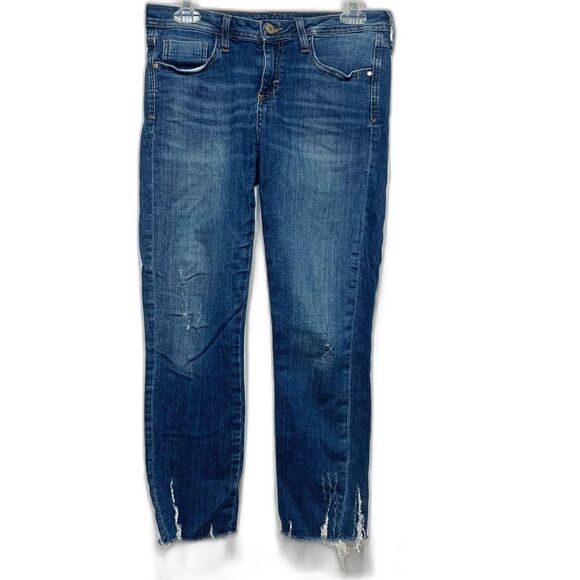 Zara Denim Raw Hem Mid Rise Skinny Medium Wash Blue Jeans Distressed size 6 - Picture 1 of 9